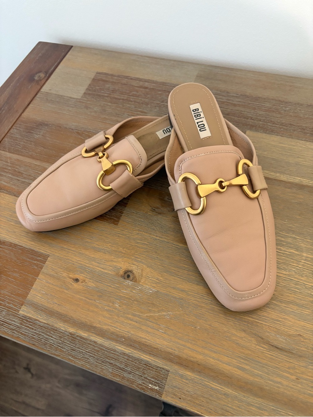 Bibi Lou Leather Backless Mules in Nude with Gold Hardware